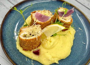 chicken-nuggets-filled-with-cream-ham-served-with-pineapple